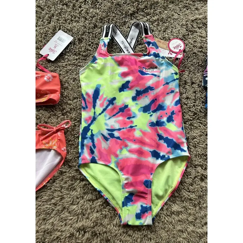 LOT of 2 JUSTICE Size 7/8 Girls SWIMSUIT Swim Suit ONE-PIECE & BIKINI Q24